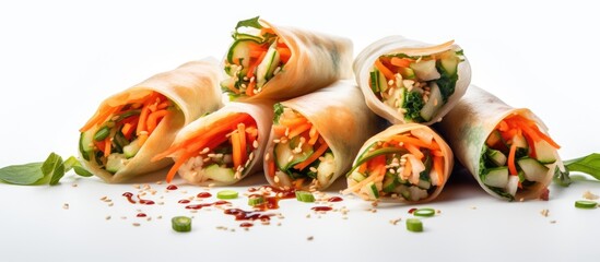 Sticker - A copy space image of healthy vegetable spring rolls with sesame seeds presented on a clean white background symbolizing weight loss and a nutritious diet