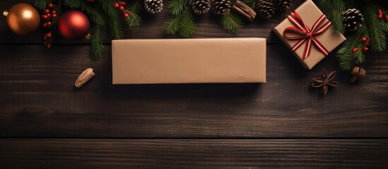 Poster - Top view of a Christmas composition with presents displayed on a wooden table The image offers an empty space with papers and cardboard. Creative banner. Copyspace image