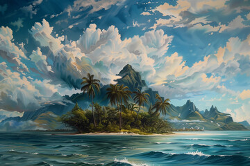 Wall Mural - Dramatic island illustration, summer vacation background