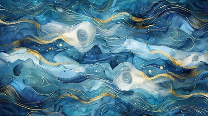  Playful watercolor illustration of ocean waves curling and swirling in a unique combination of blue and gold, adding a storybook touch