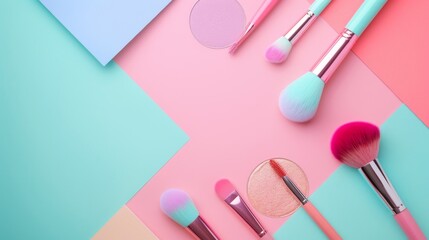 Wall Mural - Two makeup brushes are on a table with a blue background