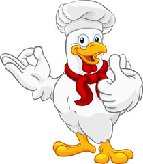 Wall Mural - A chef chicken rooster cockerel cartoon character mascot doing a chefs okay perfect hand sign and thumbs up