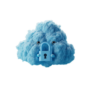 Adorable animated cloud character in vibrant blue, holding a silver lock, symbolizing data security and privacy in a playful, child-friendly manner, perfect for educational content - AI generated