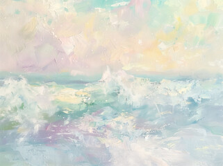 Wall Mural - Peaceful blue ocean waves with pink and yellow sunrise sunset painted with acrylic rough brushstrokes in impressionist style. 