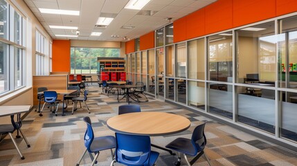 Flexible Learning Space, An adaptable classroom environment with modular furniture and movable partitions