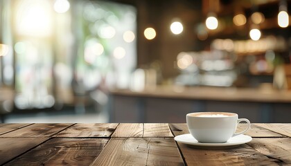 Wall Mural - hot coffee in cup on wooden table on cafe background