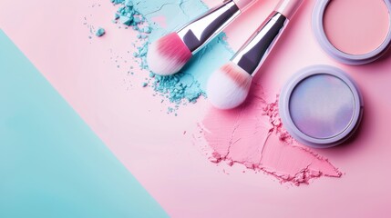 Wall Mural - A colorful array of makeup brushes and containers, including a pink