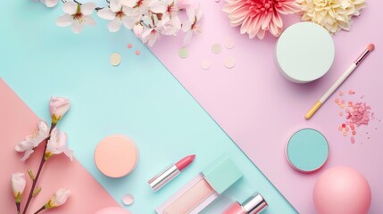 Sticker - A colorful display of makeup and beauty products on a blue and pink background