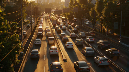 Canvas Print - Rush hour traffic on city highway with sun setting over urban landscape.