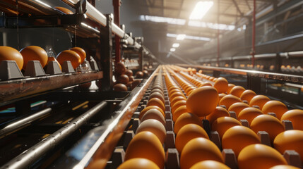 Wall Mural - Golden eggs roll down a conveyor in an industrial setting, symbolizing mass production efficiency.