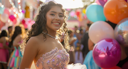 Sticker - A beautiful young woman in her quinceanera dress smiles as she walks through the crowd of guests at an outdoor party