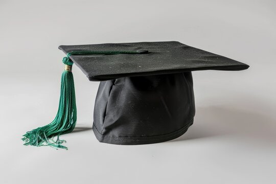 graduation cap with green tassel on plain background
