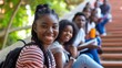 © shelbys - group of young university African students studying on their campus staircase between classes, posing for photo. Fictional Character Created By Generative AI.