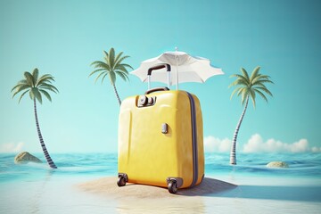 Sticker - AI generated illustration of a yellow suitcase on sandy beach beside umbrella