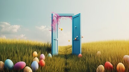 Wall Mural - AI generated illustration of an open doorway to a grassy field with colorful eggs in the foreground