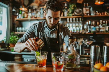 Wall Mural - High skilled barman barista person making shaking cocktails coffee drinks in bar Generative AI picture