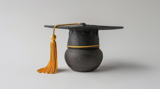 graduation cap and tassel on black ceramic pot