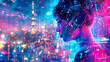 Young girl in modern headphones listening music in a futuristic city with blue and violet neon light.
