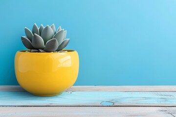 Poster - Succulent plant in yellow ceramic pot on wooden table