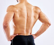 Man, back and fitness with muscular body from workout, exercise or training on a white studio background. Rear view of male person or shirtless bodybuilder with strong trapezius muscles from strength