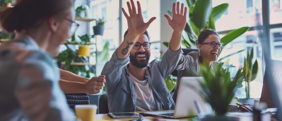 An important contract is signed in a busy corporate office by a man working on a laptop - he instantly jumps in celebration and gives his co-workers a high-five in recognition.