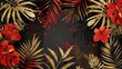 The tropical black gold design is set on a dark background modern illustration of tropical rainforest jungle plant, exotic red ixora flower and golden paint smear Wedding invitation card, holiday