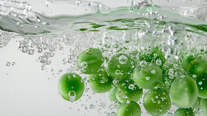 Wall Mural - Falling green Peas in water, isolated on white background, selective focus