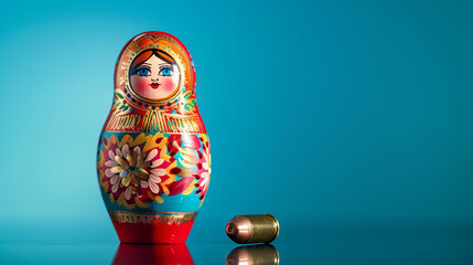 Russian Matreshka on blue background. Traditional doll and bullet