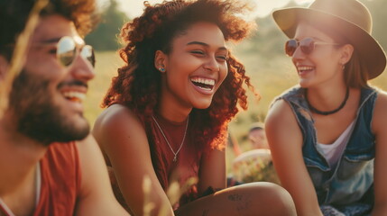 group of friends is elated at music festival, with bright smiles and colorful attire