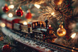 Toy train and railway under Christmas tree indoors. Celebration of Christmas and New Year.