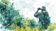 © Rakchanika - Senior people traveling outdoor adventure after retirement, group of pensioners engages bird watching activities in forest, with binoculars surrounded by the wilderness, watercolor painting style