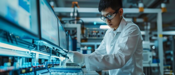 At a high-tech factory, an Asian engineer uses a laptop computer to program the pick and place electronic machinery for the PCB surface mount assembly line.