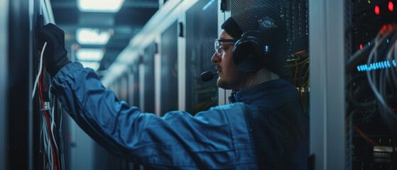 Canvas Print - Wearing protective muffs, an IT engineer installs new hardware for a server rack. A specialist runs diagnostics and updates hardware to ensure the reliability of a system.