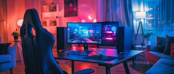 Wall Mural - First-person shooter game on PC. Monitor stands on table at home. Cozy room with modern design, lit with pink neon lights.