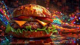 Fototapeta  - Hamburger with abstract background, 3d render. Computer digital drawing.