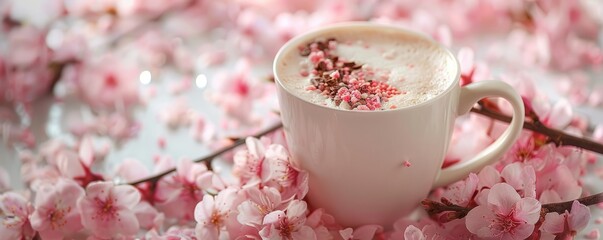 beautiful romance a cup of latte tea or chocolate serve with cherry blossom flower branch, spring season and national spring festival theme drink