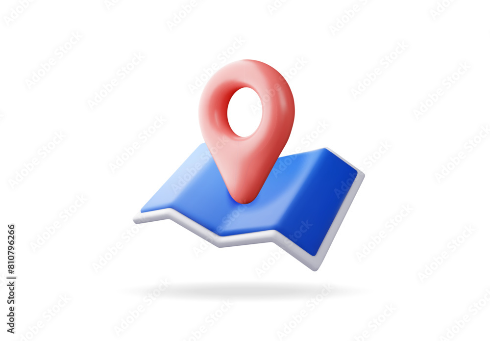 3D cartoon folded map with location pin isolated. Render map silhouette ...
