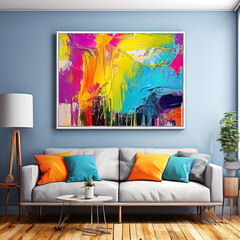 Wall Mural - modern interior design of a room with a wooden sofa with a large windows on an empty wall. 3 d