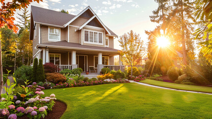 Beautiful house or penthouse with lawn. Aesthetic photo of residential private house