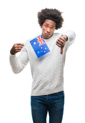 Poster - Afro american man flag of Australia over isolated background with angry face, negative sign showing dislike with thumbs down, rejection concept