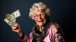 happy senior woman with banknotes in her hand.