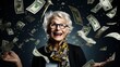 happy senior woman with banknotes in her hand.