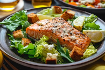 Wall Mural - Caesar Salad: This classic salad consists of fresh lettuce leaves, grilled salmon, crispy croutons, Parmesan cheese, and Caesar dressing, making it the perfect choice for a summer lunch.