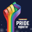 June is pride month - Text and Rainbow pride ribbon with rolling and waving to hand raised shape on dark blue background vector design