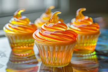 Poster - glass cupcakes with iridescent golden yellow jelly swirly topping