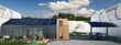 Planning of energy supply at a family house with a solar carport (summer landscape in background) - panoramic 3D visualization