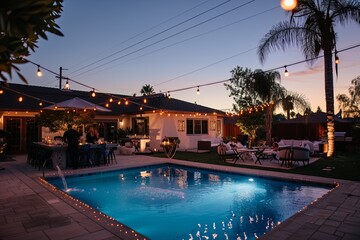 Sticker - Sunset Soiree Hosting an elegant evening gathering by the poolside, complete with ambient lighting, live music