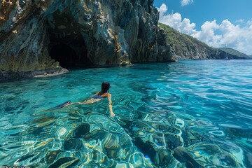 Wall Mural - An adventurous woman snorkels in crystal clear waters, exploring the natural rock formations of a breathtaking cave