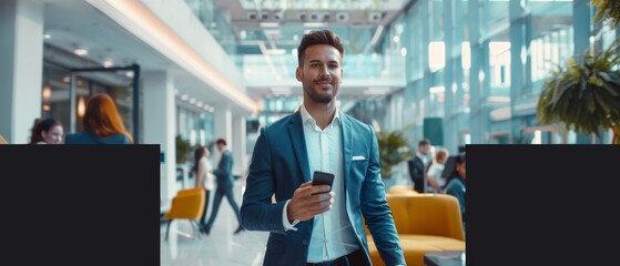 Wall Mural - A young and happy businessman enters a modern office, holds his smartphone and checks social media. Diverse businesspeople work in the background.