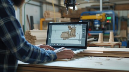 Canvas Print - A man operates an engineering machine to cut a piece of hardwood, demonstrating the art of woodworking. AIG41